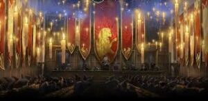House banners in Gryffindor, Slytherin, Raven claw, and Hufflepuff colours: